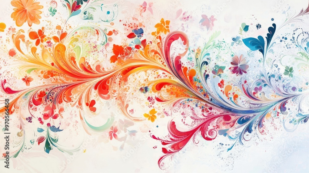 Poster vibrant swirling lines of tiny colorful floral patterns on a dynamic white-pastel background, creati