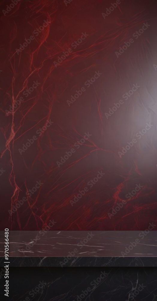 Poster a dark red marble surface with a black marble base, creating a striking contrast.
