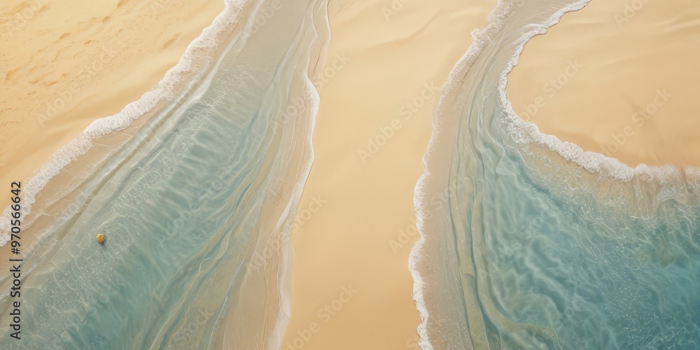 Poster aerial view of a beach with a small stream of light blue water flowing between two light beige sand 