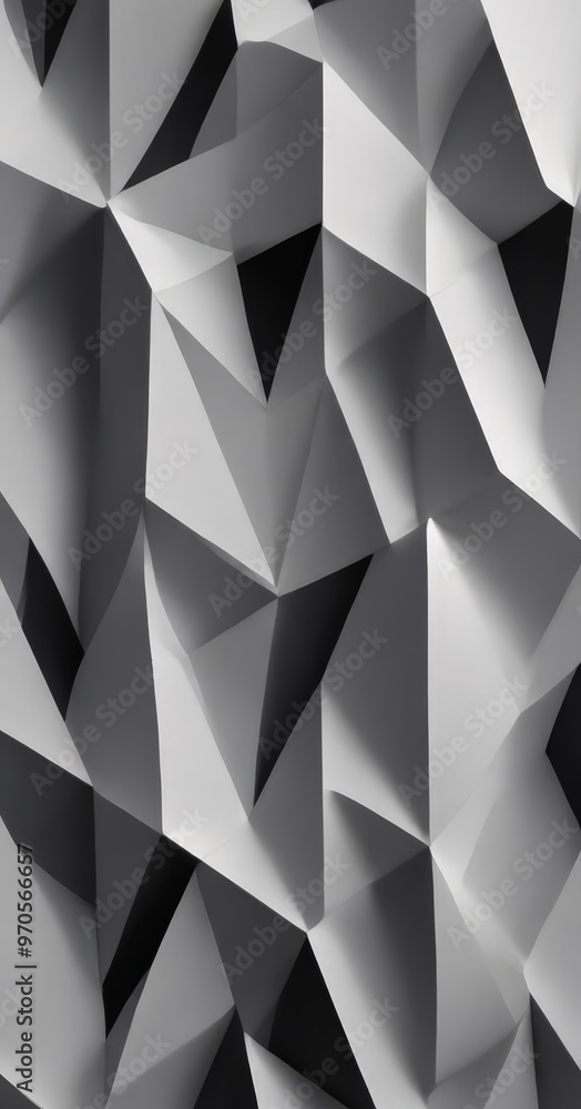 Poster the image is a close-up of a geometric pattern composed of numerous triangular shapes, in shades of 