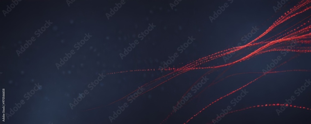 Poster red lines streak across a dark blue background, creating a dynamic and abstract visual effect.