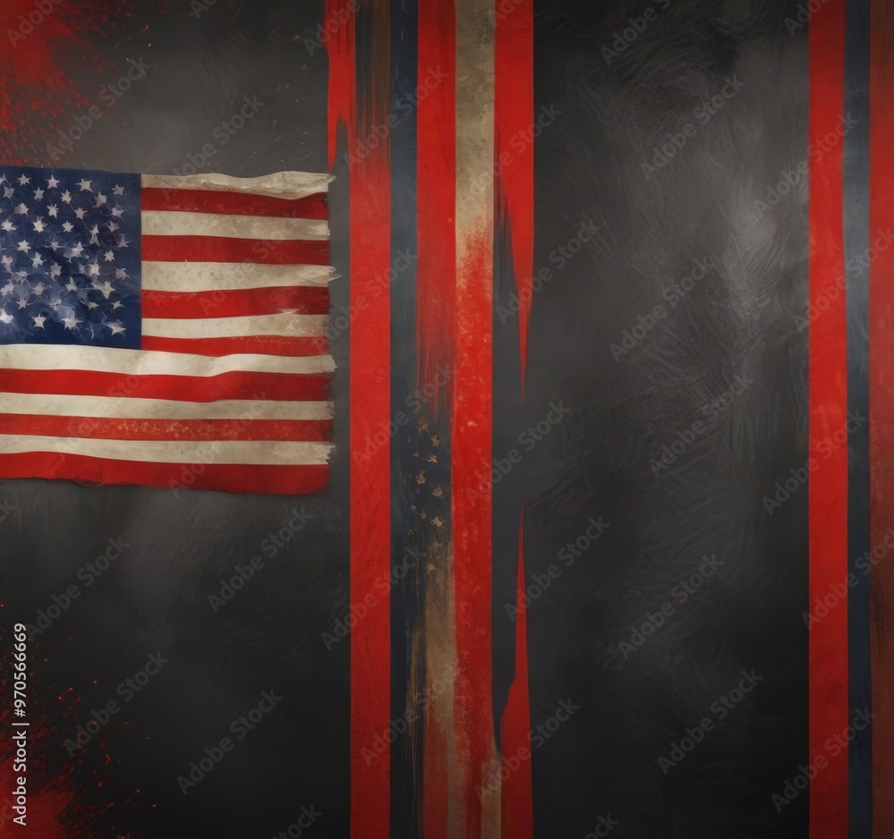 Poster the american flag is prominently displayed against a dark background, with red and black vertical st