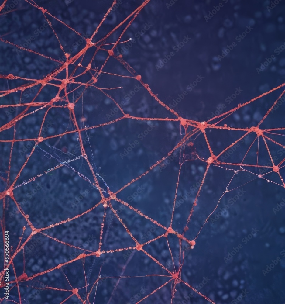 Poster a close-up view of a network of red and orange lines and dots, resembling a spider web or a complex web structure, against a dark blue background.