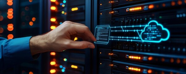 Network engineer performing diagnostics on cloud servers, data streams flowing, advanced technology, uninterrupted service