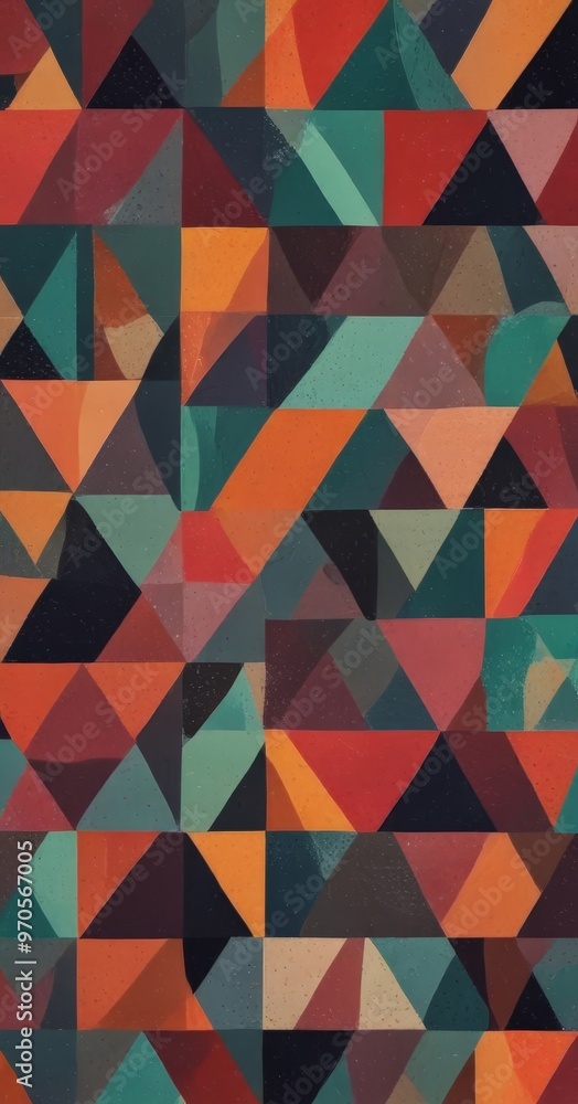 Fototapete The image is a vibrant abstract composition featuring a variety of overlapping triangles in a range of colors, including shades of red, orange, green, blue, and black.