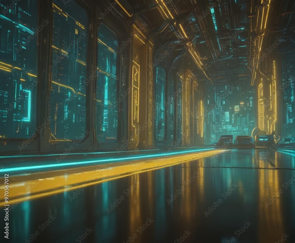 Aufkleber a futuristic corridor with a sleek, curved ceiling and a series of glowing windows that reflect the 
