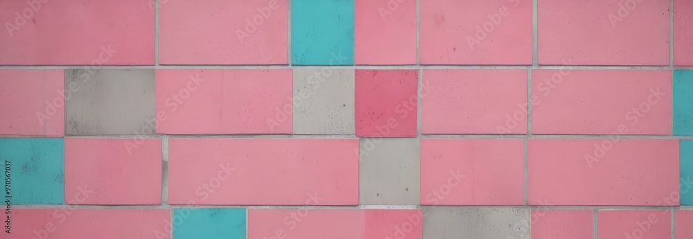 Poster a close-up view of a pink and blue tiled wall, with the pink tiles arranged in a grid-like pattern a