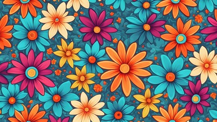 Fototapeta premium A seamless pattern of colorful flowers with a blue background.
