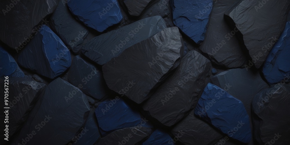 Aufkleber a close-up view of a dark blue, jagged rock formation with a rough texture, set against a dark background.