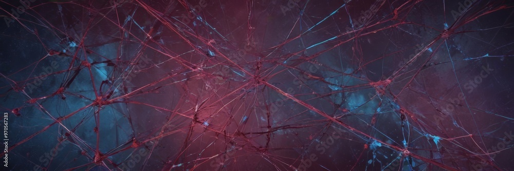 Poster a close-up view of a complex network of red and blue lines and strands, creating a striking abstract
