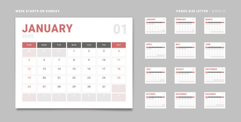 Set of 12 Pages Monthly Calendar Planner Templates on 2025 year. Vector mockup of a wall or desktop calendar with the week start on Sunday for print in grey and red color. Pages size Letter -8.5x11 in