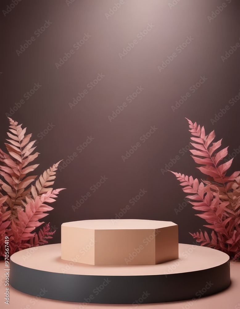 Poster a beige octagonal podium stands on a black circular base, flanked by pink ferns on either side again