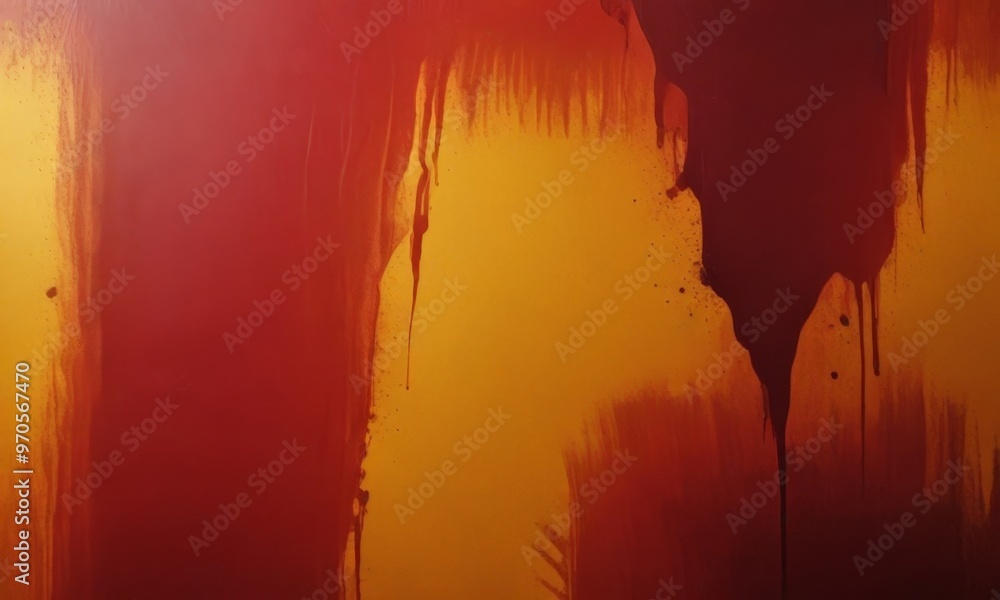 Poster a close-up view of a textured surface with a gradient of red and yellow colors, with splatters and drips of paint or ink creating a dynamic and abstract visual effect.