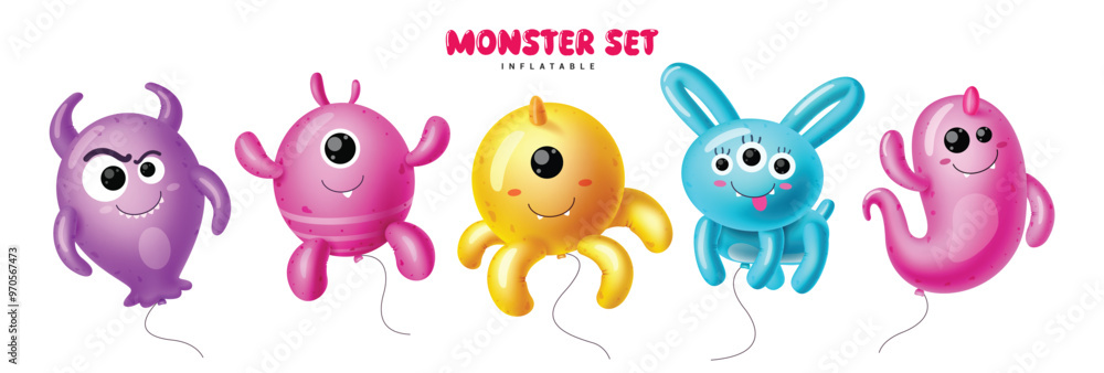 Poster monsters balloons characters vector set design. halloween monsters balloon character collection floa