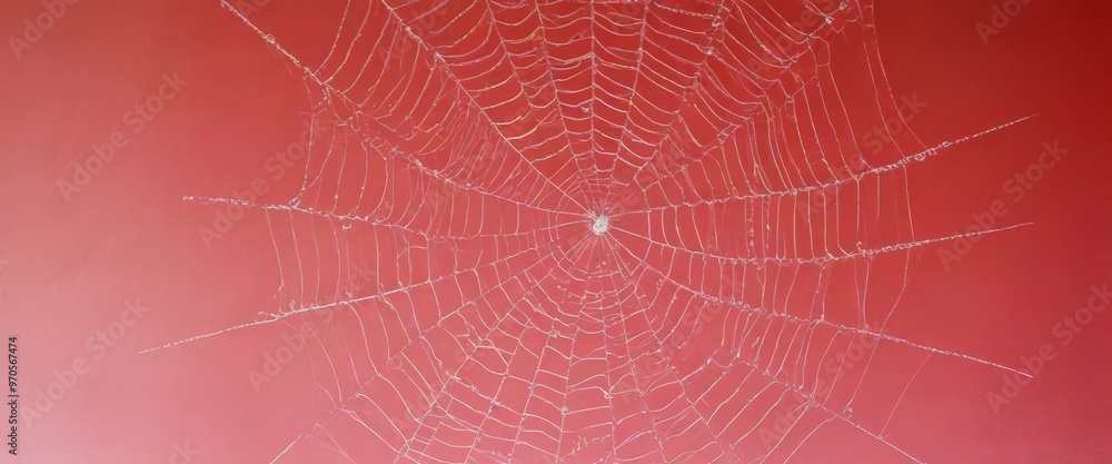 Poster A close-up view of a delicate spider web, with its intricate structure and intricate patterns, set against a vibrant red background.