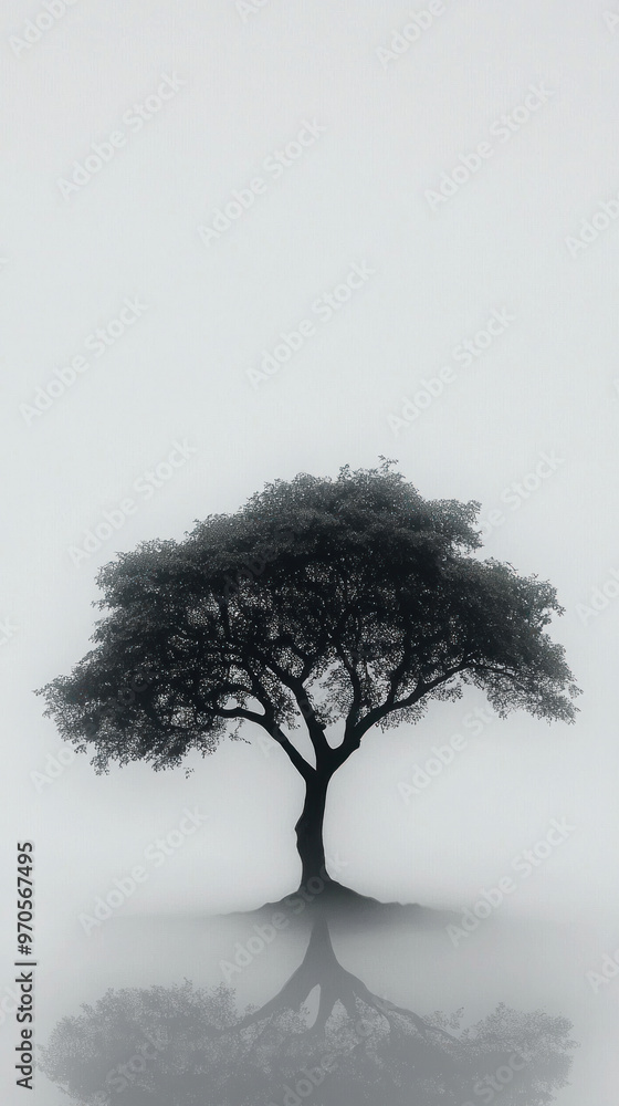 Poster a tree is reflected in the water. the image has a calm and peaceful mood. the tree is the main focus