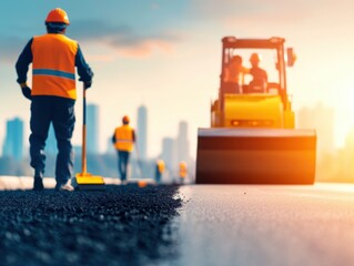 Construction team works on paving a new city road with a road roller and manual tools at sunset.
