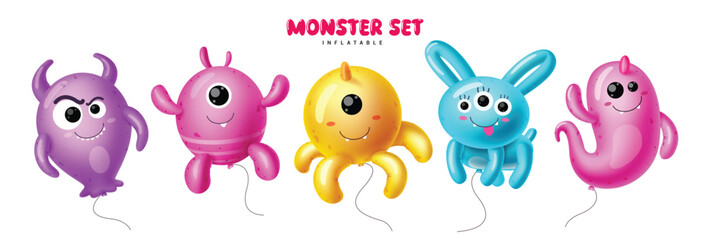 Monsters balloons characters vector set design. Halloween monsters balloon character collection floating in white isolated background. Vector illustration alien inflatable set. 
