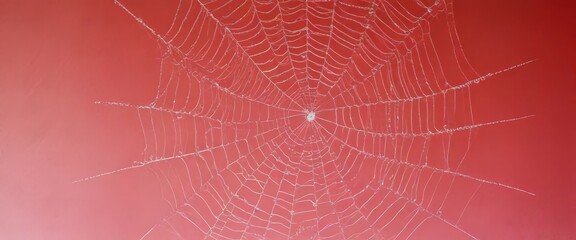 A close-up view of a delicate spider web, with its intricate structure and intricate patterns, set against a vibrant red background.