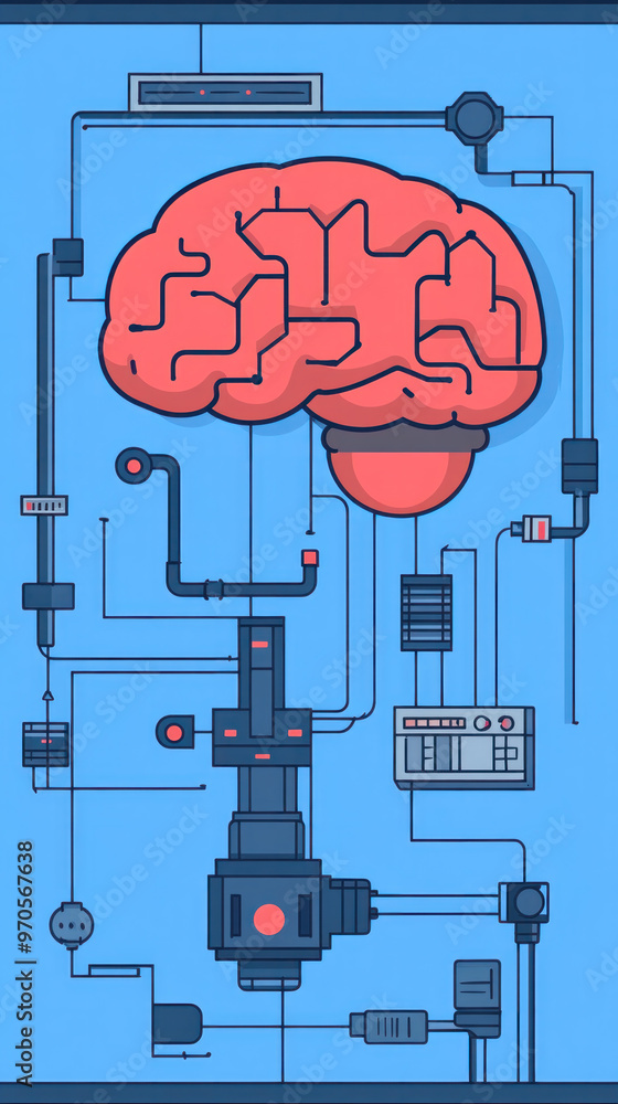 Poster a computer generated image of a brain with wires coming out of it. the image is blue and red