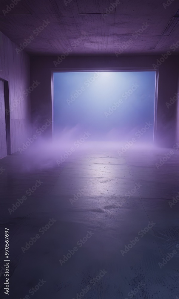 Poster a dimly lit room with a large window on the right, allowing a glimpse of the outside world through a misty, purple-tinted glass.