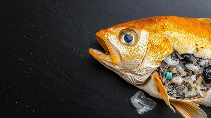 A fish dissected, revealing microplastic fragments in its stomach, Microplastics, marine life, pollution effect