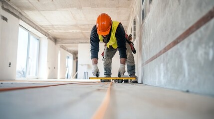 Construction Worker Measuring Concrete Floor with Tape Measure