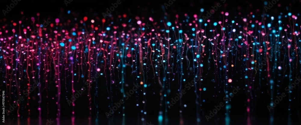 Poster a vibrant display of multicolored lights, creating a mesmerizing and dynamic visual effect. The lights are scattered across the frame, with some appearing closer to the viewer