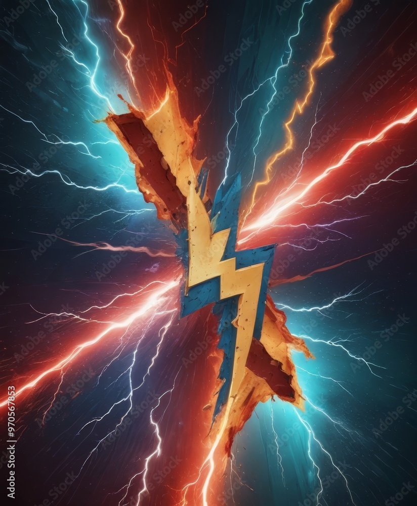Poster a striking graphic design with a lightning bolt in the center, surrounded by a vibrant mix of blue, 