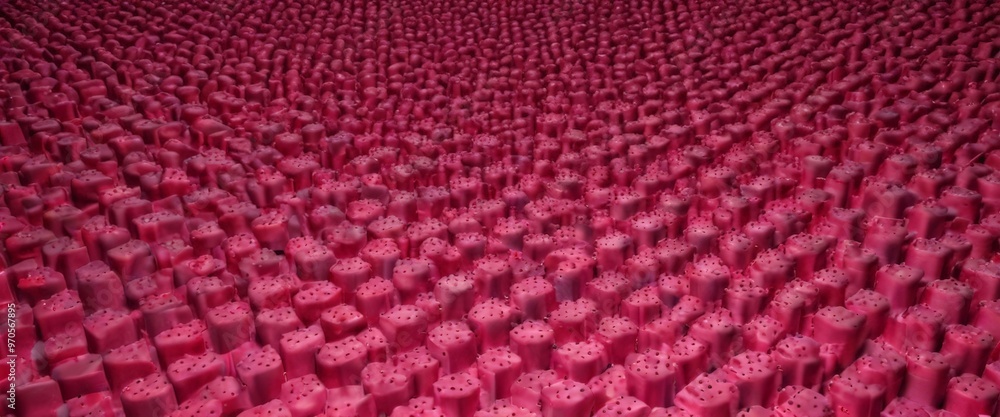 Fototapete a densely packed arrangement of small, identical red cubes or blocks, creating a visually striking pattern.