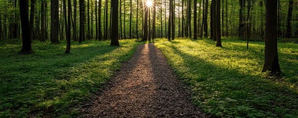 A serene forest path with sunlight filtering through, symbolizing finding the way, forest path, sunlight, finding