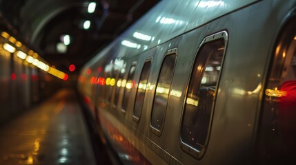 A close-up view of a train in a dimly lit tunnel, showcasing its windows and ambient lighting.