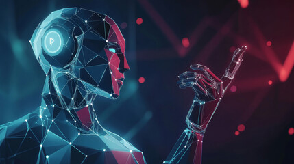 New technology is connecting people with robots and devices.The future includes automated systems,cyborgs,computers.The website and app will have a modern geometric design.Low Poly vector illustration