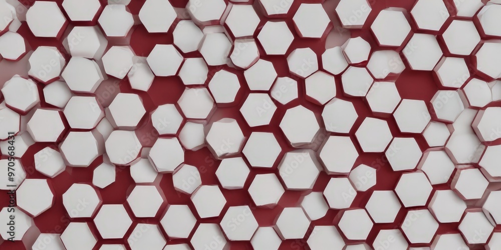 Poster a repeating pattern of white hexagonal shapes, with some red accents, creates a visually striking an