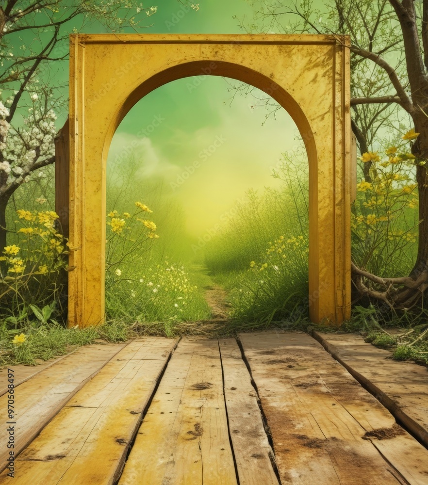 Poster a golden archway frames a path through a lush, verdant landscape, with yellow flowers and trees in t
