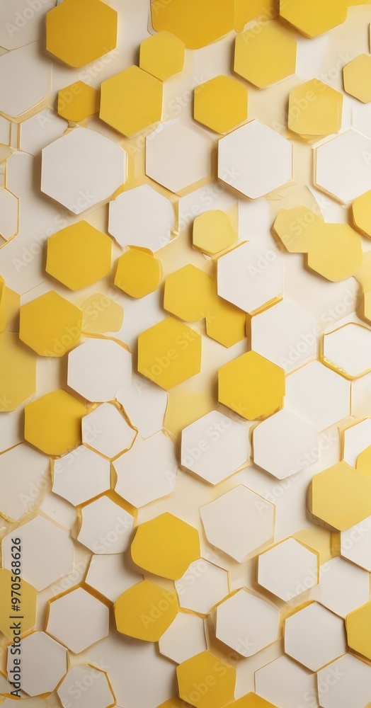Poster a repeating pattern of white and yellow hexagonal shapes, creating a visually striking and geometric design.