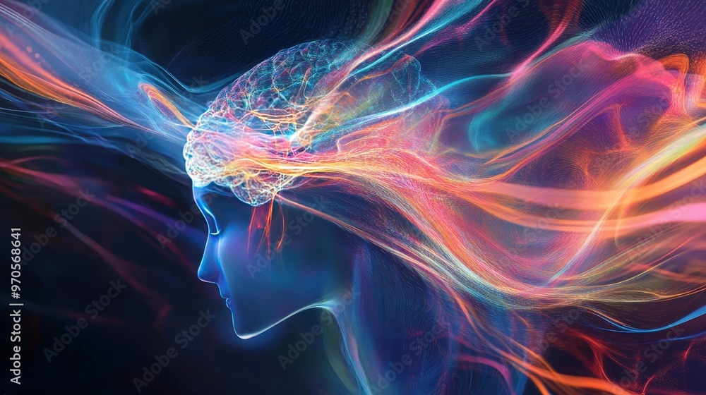 Poster brain wave pattern emerging from a neural network, transitioning into abstract shapes and colors.