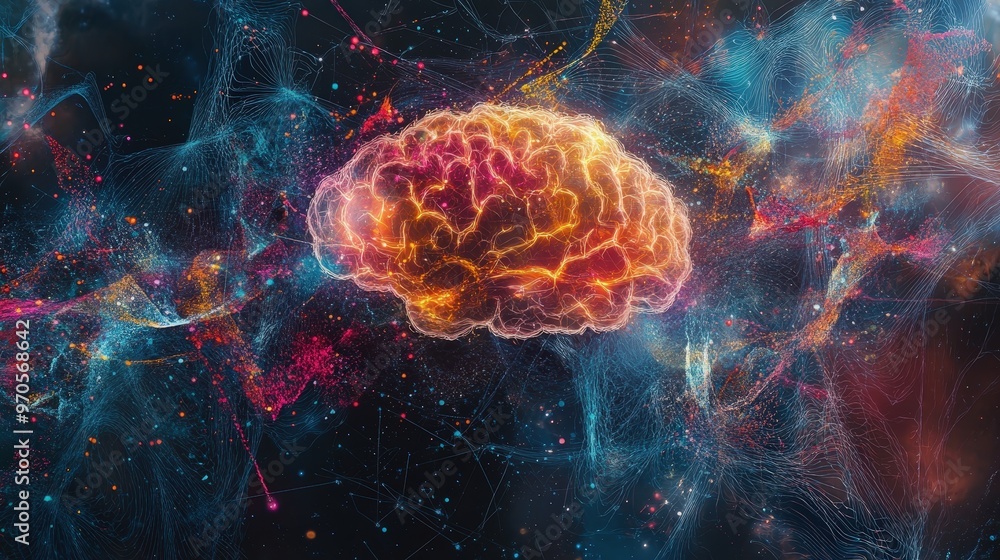 Poster brain wave pattern emerging from a neural network, transitioning into abstract shapes and colors.