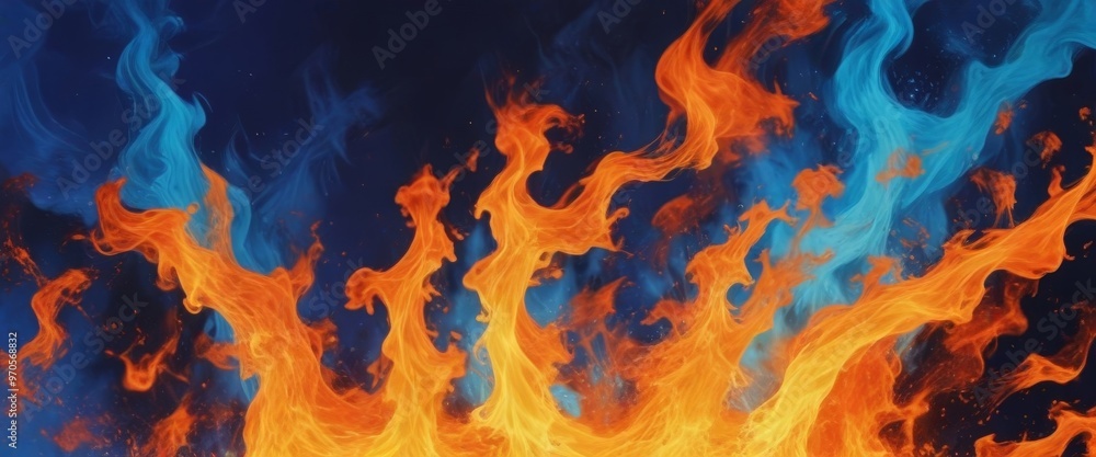 Poster a vibrant display of orange and blue flames, creating a dynamic and captivating visual effect.