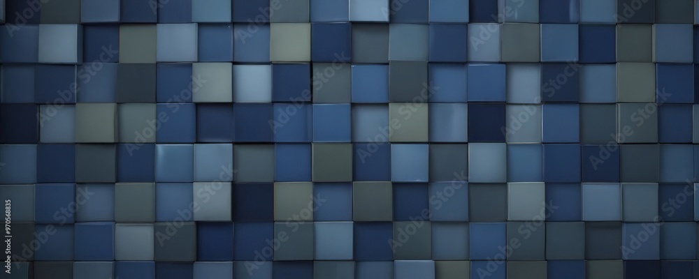 Fototapete A 3D of a wall composed of numerous square tiles in various shades of blue, gray, and white, creating a visually striking and textured pattern.