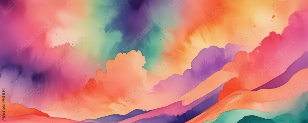 Aufkleber The image is a vibrant abstract painting featuring a colorful sky with clouds and mountains in the background.