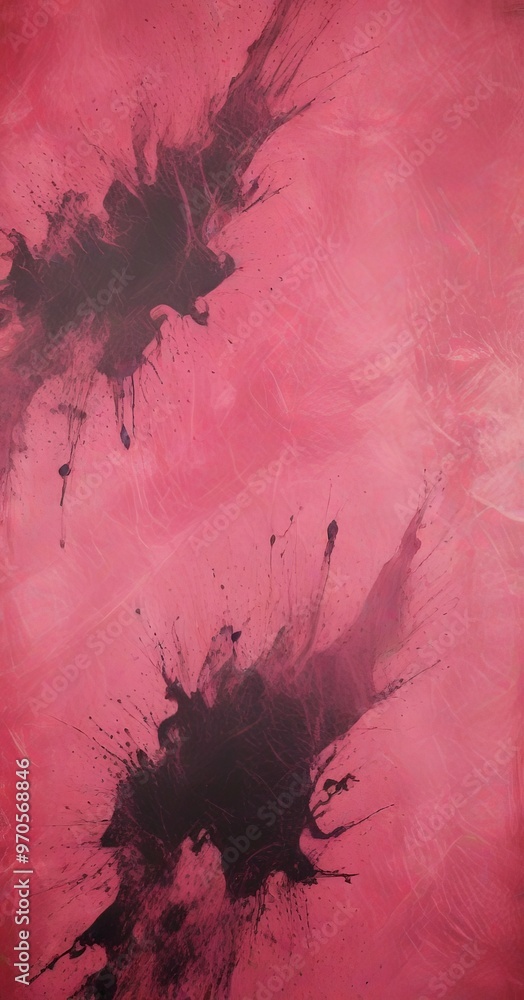 Poster a vibrant abstract painting with bold splashes of black and pink paint, creating a dynamic and energ