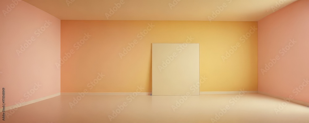 Poster a minimalist room with a white door and two walls painted in a warm peach and yellow color scheme.