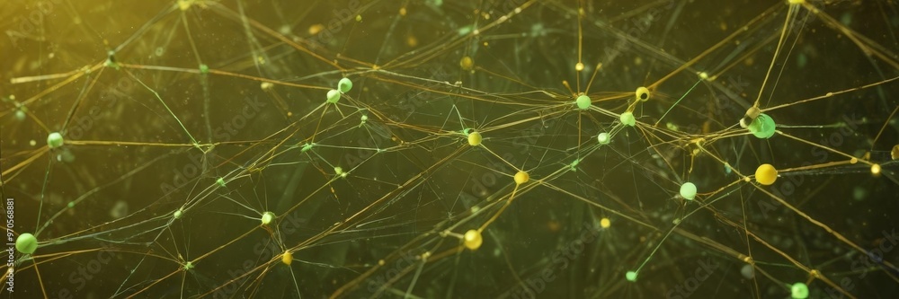 Fototapete a complex network of interconnected lines and dots, with a gradient of green and yellow colors, creating a visually striking and abstract representation of a biological