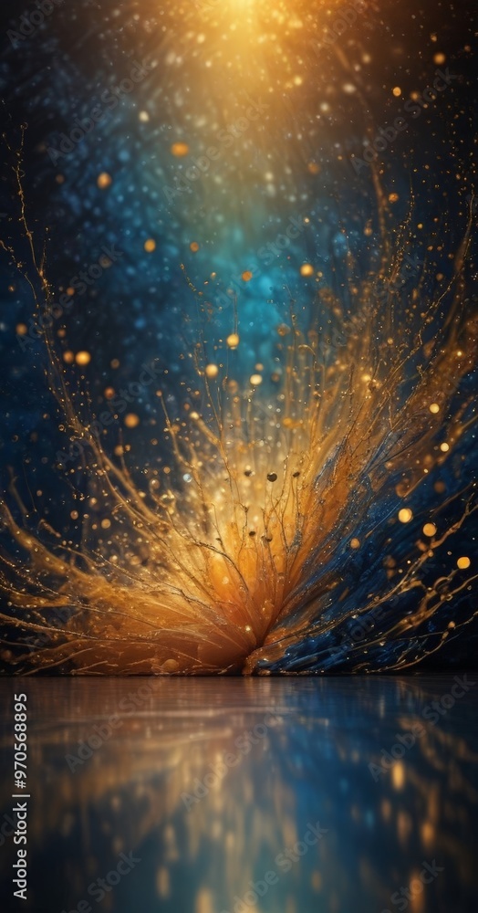 Aufkleber a vibrant explosion of golden and blue particles, creating a dynamic and captivating scene. The particles are scattered across the frame, with some appearing closer to the
