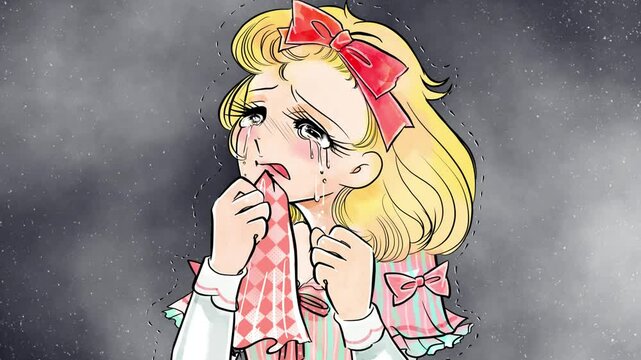 70年代少女漫画風、ショックで大粒の涙を流す金髪縦ロール姿のお嬢様と暗雲背景のアニメ