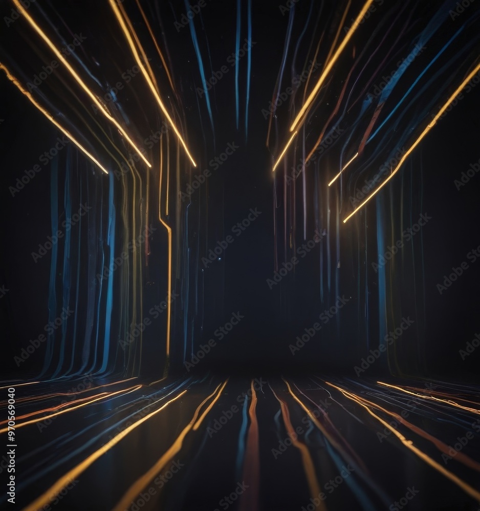 Aufkleber a dark room with a series of glowing lines and beams of light, creating a sense of depth and movemen