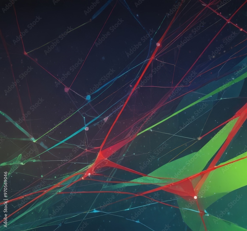 Poster The image is a digital art piece featuring a complex network of intersecting lines and points in various colors, including red, green, blue, and black, creating a dynamic