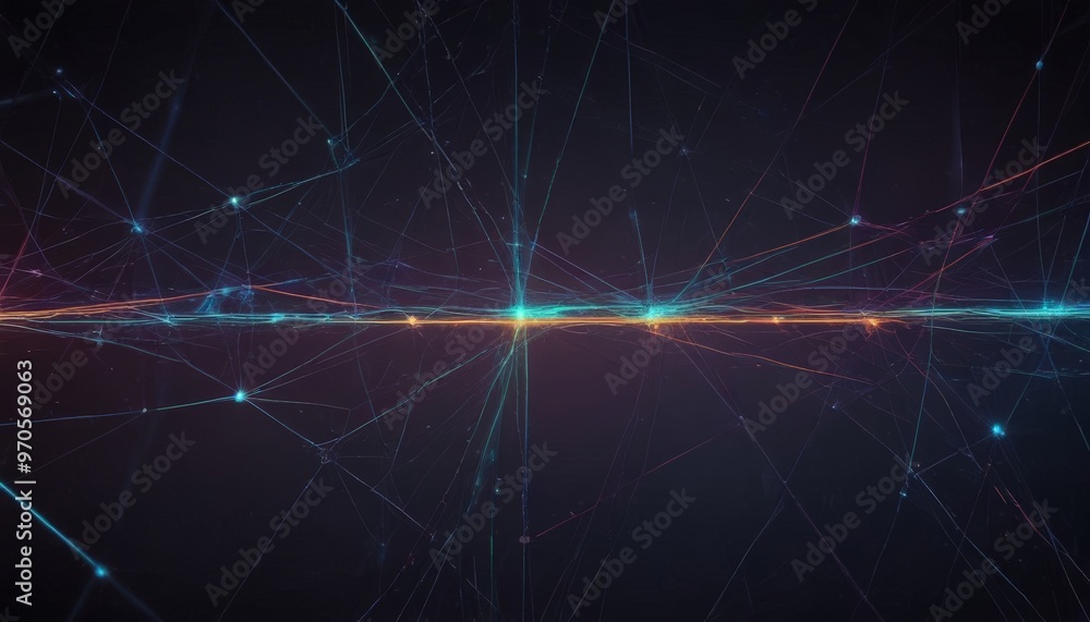 Poster The image presents a digital art piece featuring a network of interconnected lines and dots, creating a sense of depth and dimensionality. The lines and dots are arranged in