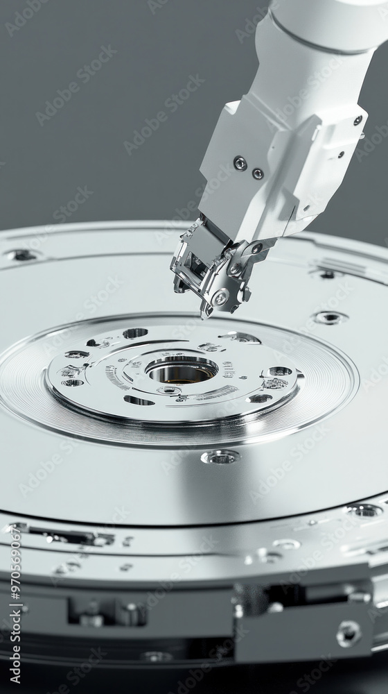 Poster a robot is working on a silver disk. the robot is white and has a black head